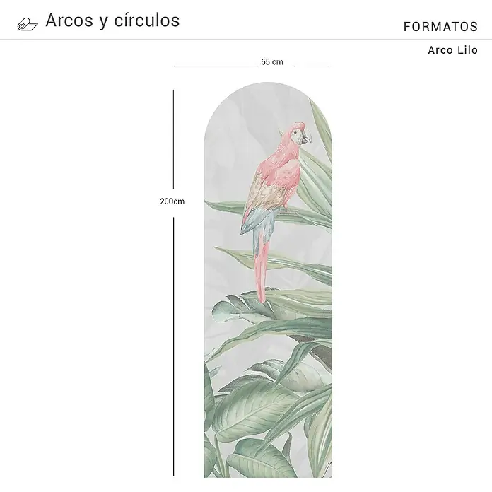 Vinilo de pared autoadhesivo Arco Lilo - 65 x 200 cm, Multicolor, Plástico - Imagen del producto: Arcos y círculos Arco Lilo, de 65 cm de ancho y 200 cm de alto, con un colorido loro posado sobre exuberantes hojas tropicales verdes.