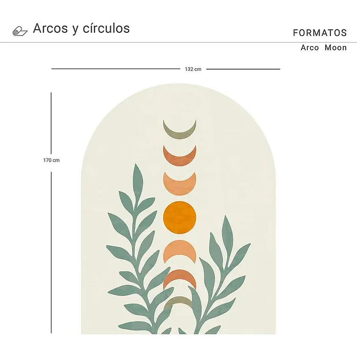 Vinilo de pared autoadhesivo Arco Moon - 132 x 170 cm, Multicolor, Plástico - Arte de pared abstracto "Arco Moon" con elementos botánicos y fases lunares, dimensiones: 132 cm de ancho x 170 cm de alto.
