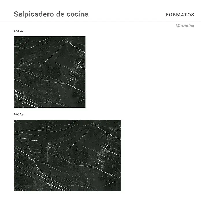 Panel de pared salpicadero de cocina Marquina - L x An: 90 x 60 cm - La imagen muestra salpicaderos de cocina Marquina en tamaños de 60x60cm y 90x60cm, con una superficie oscura y marmórea.