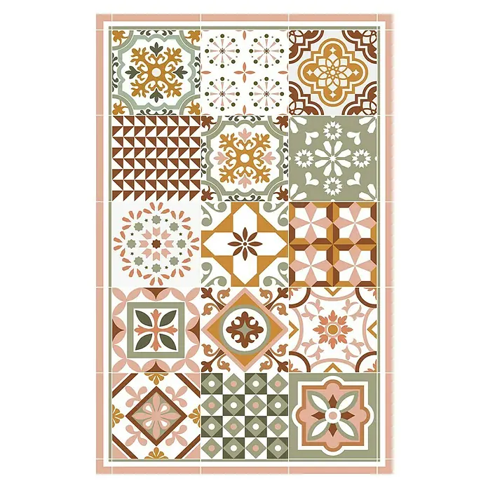 Alfombra de vinilo Carmina - Terracota, 75 x 48 cm, PVC - La imagen muestra un patrón de azulejos vintage decorativo, con varios diseños geométricos y florales, bordeado por un marco.