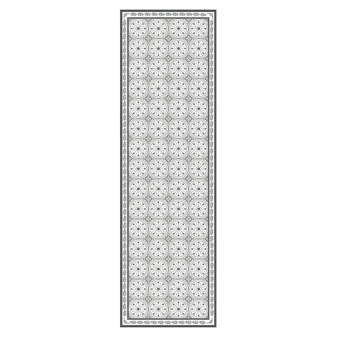 Alfombra de vinilo Elia - Gris, 200 x 60 cm, PVC - Imagen detallada de una baldosa decorativa con motivos florales y ornamentos, ideal para interiores elegantes.
