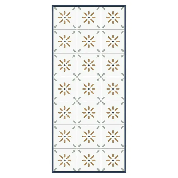 Alfombra de vinilo Caltec - Terracota, 110 x 48 cm, PVC - Patrón decorativo de azulejos con motivos florales y acentos azules, ideal para diseños interiores elegantes de paredes y suelos.