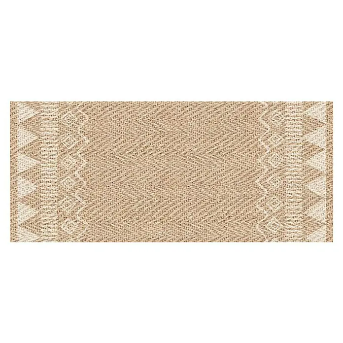 Alfombra de vinilo Telma - Natural, 110 x 48 cm, PVC - Una alfombra beige con patrones geométricos en los bordes y una parte central lisa, ideal para espacios habitables.