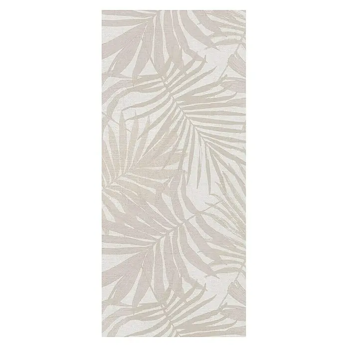 Alfombra de vinilo Tropikal - Crema, 110 x 48 cm, PVC - Primer plano del patrón botánico en un elegante papel pintado con delicados motivos de hojas de palma en tonos suaves.