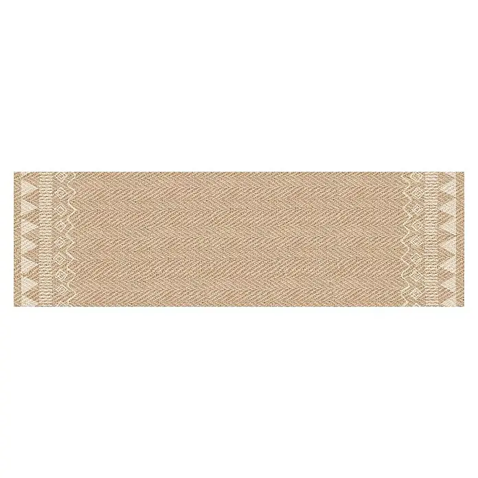 Alfombra de vinilo Telma - Natural, 200 x 60 cm, PVC - Un camino de mesa beige con patrones geométricos en los extremos y una textura tejida en el centro, ideal para pasillos o como acento.