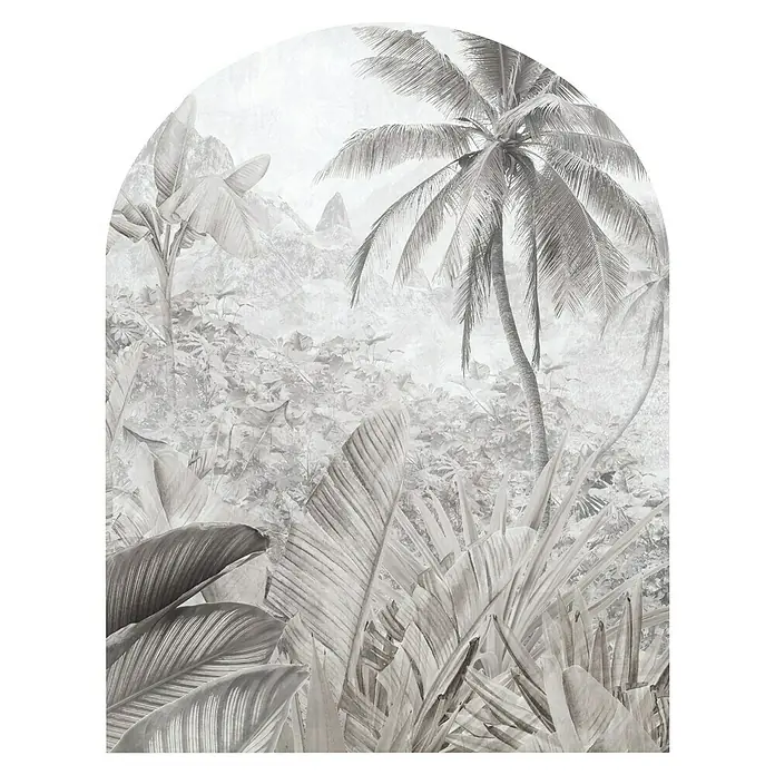Vinilo de pared autoadhesivo Arco Tropic Dune - 132 x 170 cm, Blanco/Negro, Plástico - Arte mural con una escena de selva tropical con palmeras y vegetación exuberante en blanco y negro. Un toque de exotismo para tu hogar.