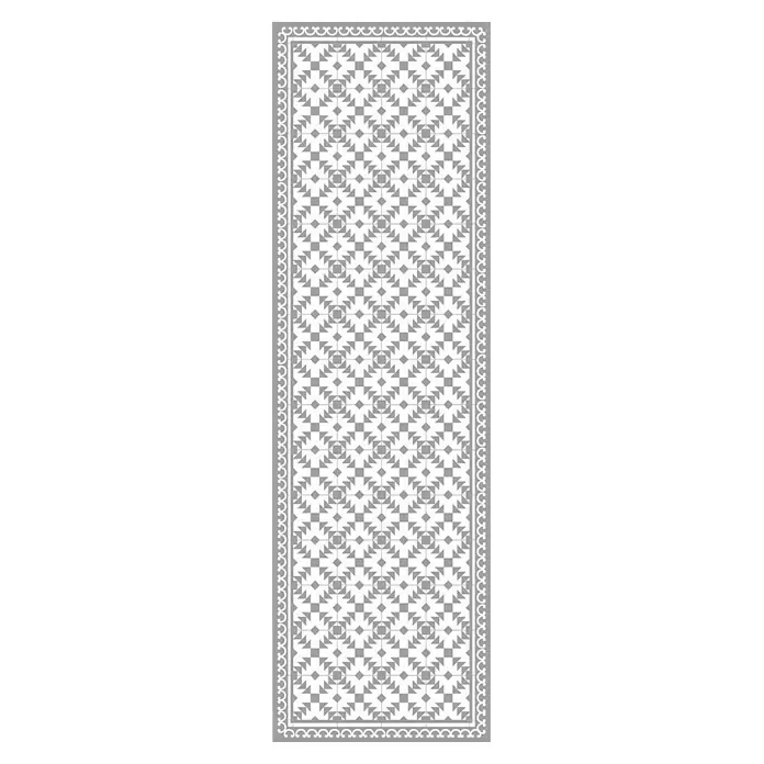 Alfombra de vinilo Buzz - Gris, 200 x 60 cm, PVC - Imagen de una alfombra de suelo con patrones geométricos y ribetes decorativos, ideal para pasillos o cocinas con diseño tradicional.
