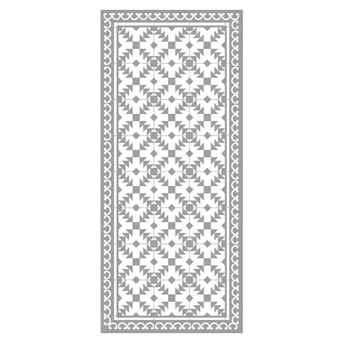 Alfombra de vinilo Buzz - Gris, 110 x 48 cm, PVC - Alfombra de pasillo gris con diseño geométrico y borde adornado, ideal para interiores, ofreciendo estilo y confort.