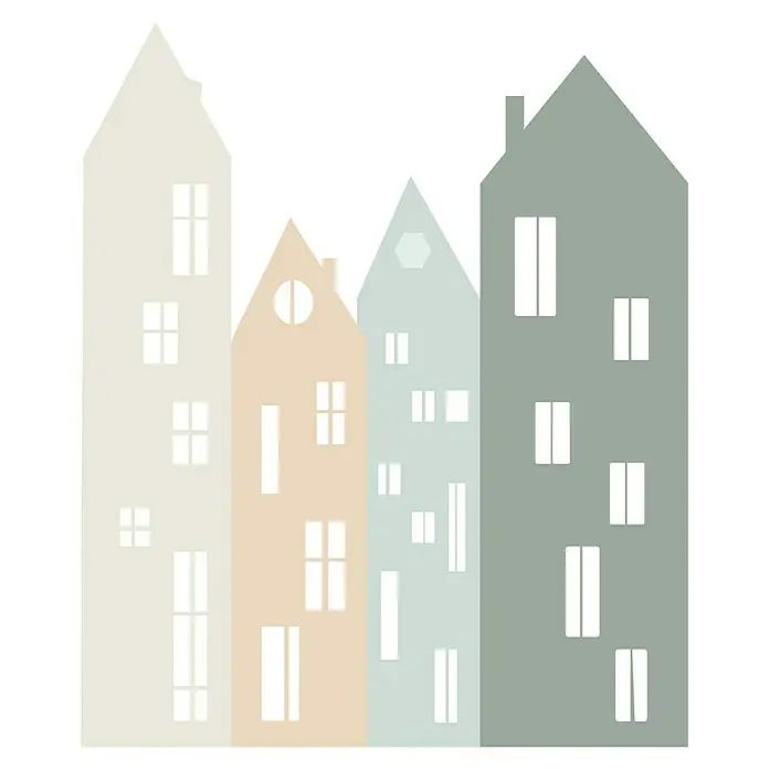 Vinilo de pared autoadhesivo Arco Green Houses - 132 x 170 cm, Multicolor, Plástico - Ilustración de cuatro casas coloridas con ventanas blancas, que muestran un encantador paisaje urbano. Ideal para decoración.