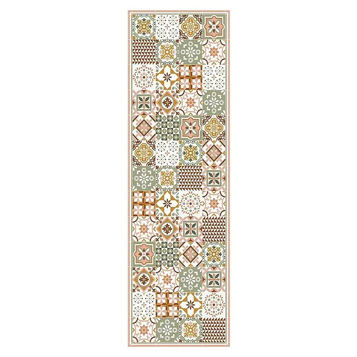 Alfombra de vinilo Carmina - Terracota, 200 x 60 cm, PVC - Diseño de azulejos de colores con diseños florales y geométricos en tonos cálidos, ideal para cocinas o baños.
