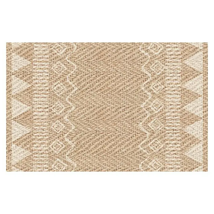 Alfombra de vinilo Telma - Natural, 75 x 48 cm, PVC - Primer plano de una alfombra con patrones geométricos beige y marrón, ideal para una estética natural en cualquier habitación.