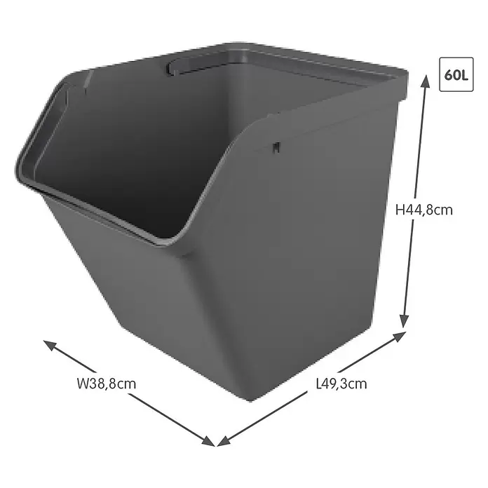 Sunware Sigma home Mülltrennsystem - 60 l, L x B x H: 49,3 x 38,8 x 44,8 cm, Anthrazit, Kunststoff - Dunkelgrauer stapelbarer 60L Kunststoff-Vorratsbehälter mit offener Front. Maße: H44,8 x B38,8 x L49,3 cm.