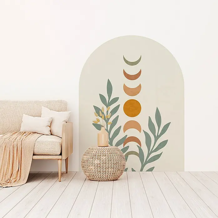 Vinilo de pared autoadhesivo Arco Moon - 132 x 170 cm, Multicolor, Plástico - Elegante interior con un arte de pared decorativa de fases lunares, que añade un toque moderno a cualquier habitación.