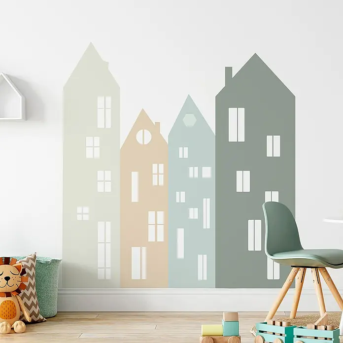 Vinilo de pared autoadhesivo Arco Green Houses - 132 x 170 cm, Multicolor, Plástico - Arte mural con casas de colores para habitación infantil, decoración de pared creativa para un ambiente acogedor.