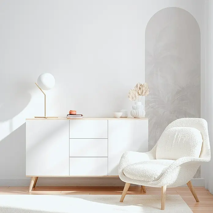 Vinilo de pared autoadhesivo Arco Gozo - 65 x 200 cm, Gris, Plástico - Un interior elegante con un aparador blanco, una lámpara moderna y un sillón acogedor, creando un ambiente relajante.