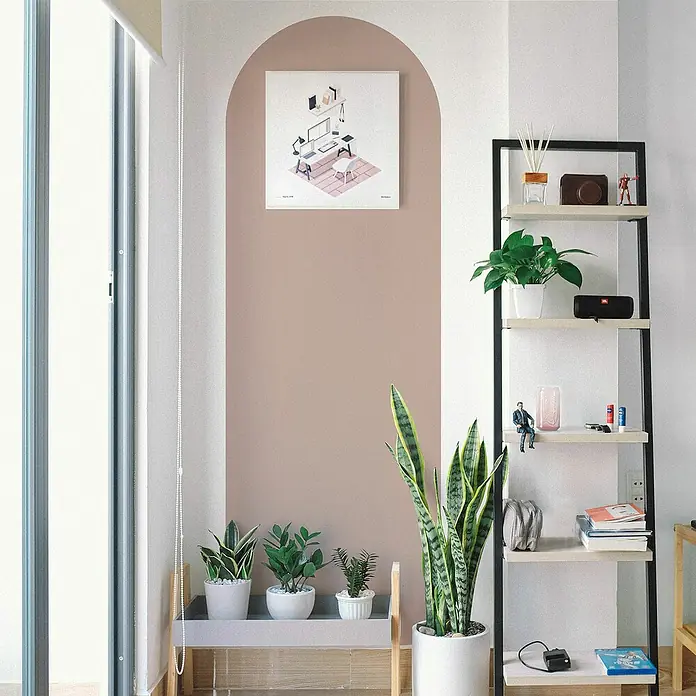 Vinilo de pared autoadhesivo Arco Rosa Empolvado - 65 x 200 cm, Rosa, Plástico - Vista interior con estantería llena de decoración y plantas, arte de pared sobre exhibición de plantas y ventana luminosa.