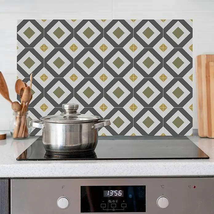 Panel de pared salpicadero de cocina Diamond - L x An: 90 x 60 cm - Adhesivos de azulejos con estampado geométrico en gris, oliva y amarillo transforman tu cocina en un espacio estiloso.