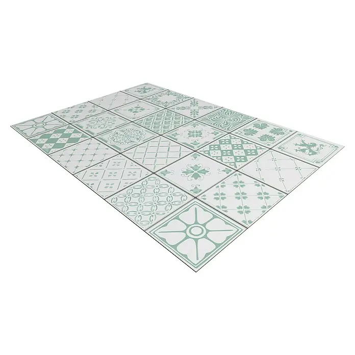 Panel de pared salpicadero de cocina Hidra Vintage - L x An: 90 x 60 cm - Una disposición de baldosas decorativas con un patrón floral en tonos verdes suaves, creando un acento elegante.