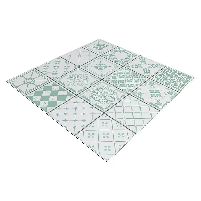 Panel de pared salpicadero de cocina Hidra Vintage - L x An: 60 x 60 cm - Un llamativo patrón de azulejos cuadrados en tonos verdes y blancos, ideal para diseñar interiores elegantes.