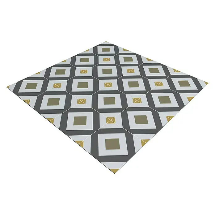 Panel de pared salpicadero de cocina Diamond - L x An: 60 x 60 cm - Primer plano de una baldosa orientada diagonalmente con un patrón geométrico de cuadrados y cruces en tonos de gris, blanco y dorado.
