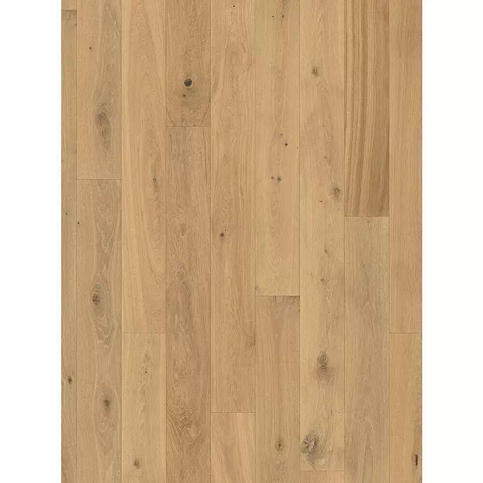 Parador Parkett Classic 3060 - Eiche gebürstet weiß, Landhausdiele, 2.200 x 185 x 13 mm - Heller Eichenholzboden in Naturton mit sichtbarer Maserung und Ästen, in vertikalen Dielen verlegt.