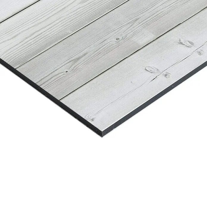 Panel de pared salpicadero de cocina Wood - L x An: 60 x 60 cm - Primer plano de un panel decorativo de madera blanca con vetas llamativas y un borde oscuro, ideal para diseños de interiores modernos.