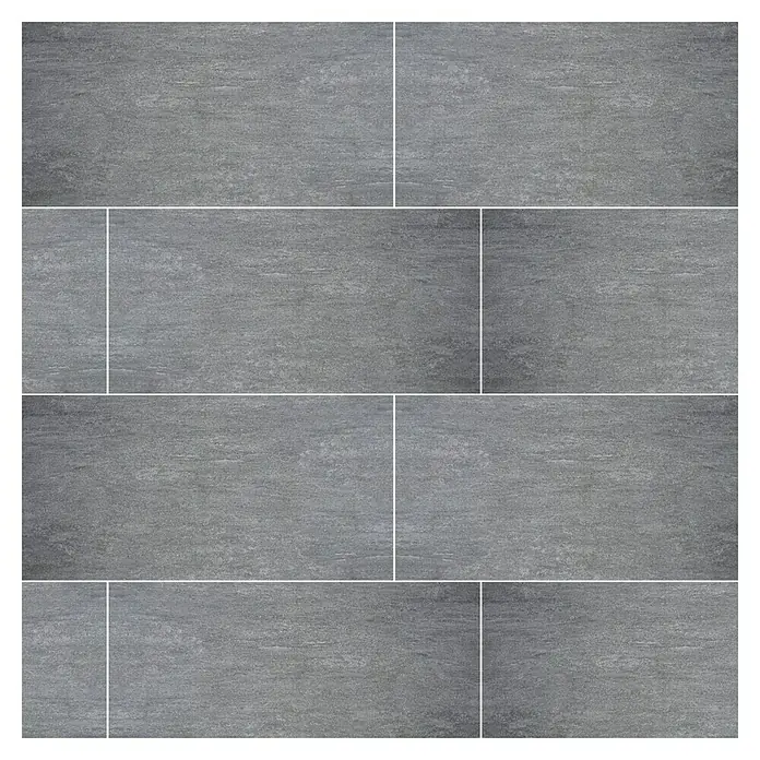 Terrassenfliese Vallis - 40 x 80 x 2 cm, Grau, Matt - Graue Bodenfliesen mit dunkler, leicht strukturierter Oberfläche und weißen Fugen, die ein elegantes, modernes Erscheinungsbild verleihen.