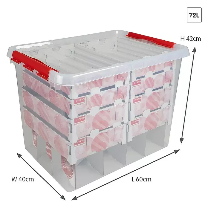 Sunware Aufbewahrungsbox Q-Line für Weihnachtskugeln - Passend für: 128 Christbaumkugeln (80 x Ø 45 - 60 mm & 36 x Ø 70 - 80 mm), Kunststoff, Transparent - Große transparente Kunststoff-Aufbewahrungsbox mit klarem Deckel und roten Clips, enthält Innenorganizer. Maße 60x40x42cm, 72L Fassungsvermögen.