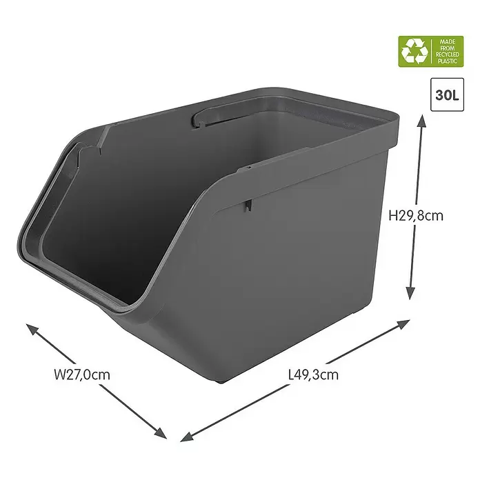 Sunware Sigma home Mülltrennsystem - 30 l, L x B x H: 49,3 x 27 x 29,8 cm, Anthrazit, Kunststoff - Dunkelgrauer 30L Stapelbehälter aus recyceltem Kunststoff mit offener Vorderseite, Maße angezeigt.