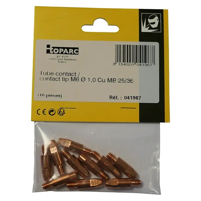 Gys Stromdüse - M 6, Durchmesser: 1 mm, Passend für: MIG-Brenner 250/300A, 10 Stk. - Bild einer Packung Toparc-Schweißkontakte M6 Ø 1,0 Cu MB 25/36, die 10 Stück enthält, ideal für Schweißarbeiten.