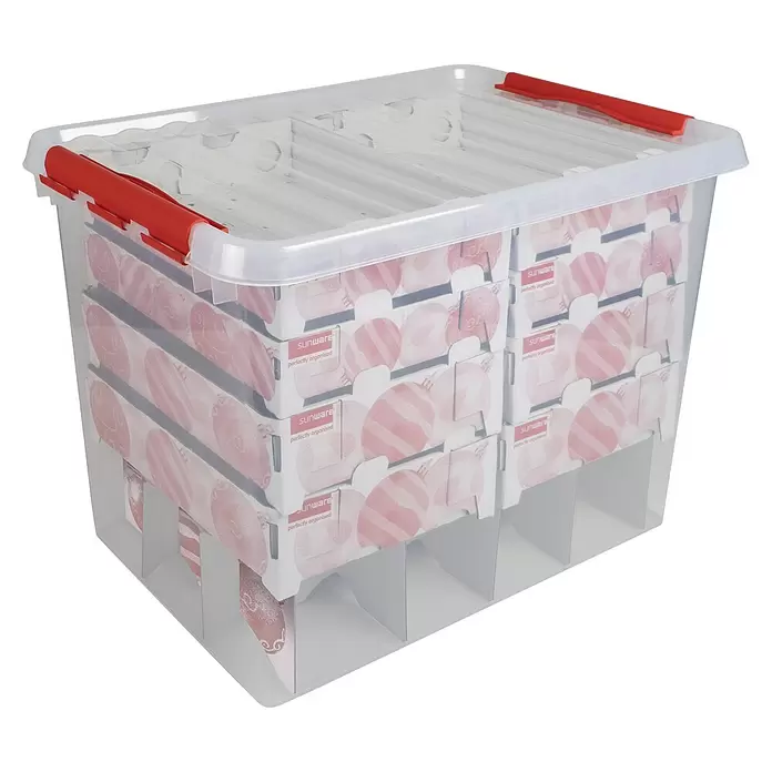 Sunware Aufbewahrungsbox Q-Line für Weihnachtskugeln - Passend für: 128 Christbaumkugeln (80 x Ø 45 - 60 mm & 36 x Ø 70 - 80 mm), Kunststoff, Transparent - Transparente Sunware Kunststoff-Aufbewahrungsbox mit roten Verschlüssen, gefüllt mit Kartoneinsätzen für Christbaumschmuck.