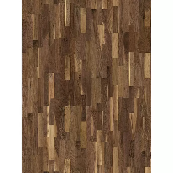 Parador Parkett Classic 3060 - Living Walnuss, Schiffsboden, 2.200 x 185 x 13 mm - Natürlicher Nussbaum-Holzboden mit variierenden dunkel- und hellbraunen Dielen in versetztem Muster.