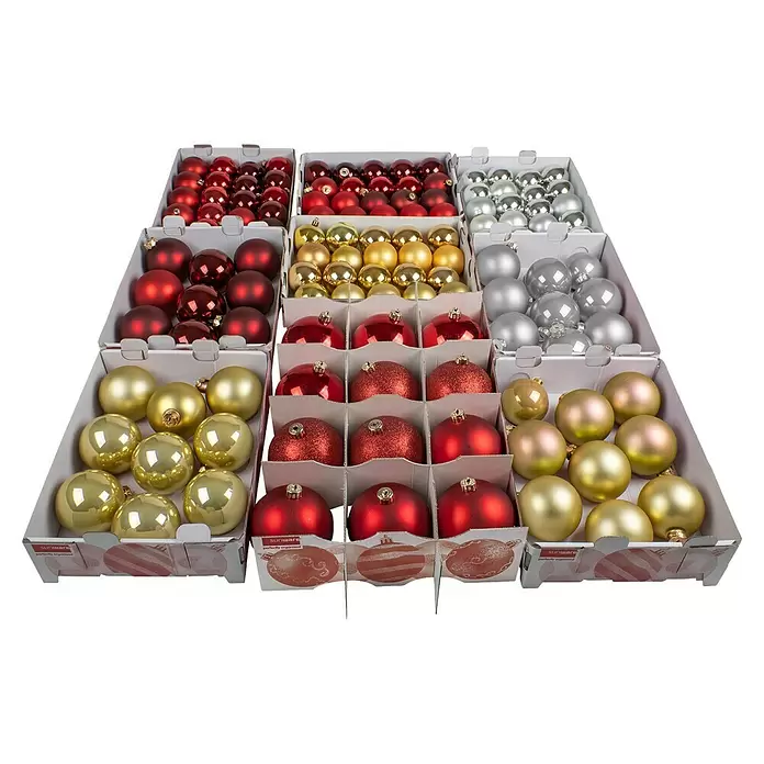 Sunware Aufbewahrungsbox Q-Line für Weihnachtskugeln - Passend für: 128 Christbaumkugeln (80 x Ø 45 - 60 mm & 36 x Ø 70 - 80 mm), Kunststoff, Transparent - Mehrere Schachteln mit roten, goldenen und silbernen Weihnachtskugeln in verschiedenen Ausführungen: glänzend, matt und glitzernd.