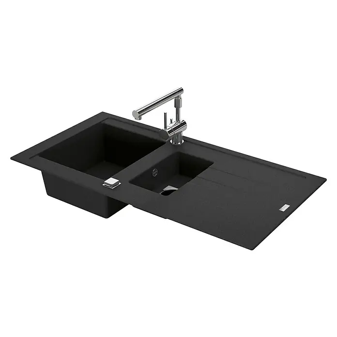 Carea Einbauspüle Tango - 98 x 50 cm, Material Spüle: CAREAgranit®, Schwarz - Eine moderne schwarze Spüle mit zwei Becken und einer eleganten Armatur, perfekt für jede moderne Küche.