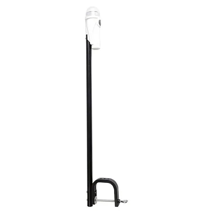 Talamex Navigationslaterne - LED, Lichtfarbe: Neutralweiß, Klemmen, Höhe: 65 cm - Nahaufnahme einer Tischklemme mit einem schwarzen Rohr und einer weißen Lampe.