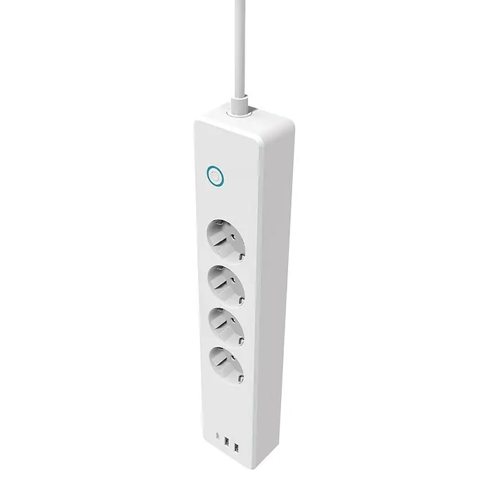 Regleta con WiFi - 18 W, Blanco - Regleta: Una regleta blanca con cuatro enchufes y puertos USB, ideal para uso doméstico o de oficina para alimentar dispositivos.
