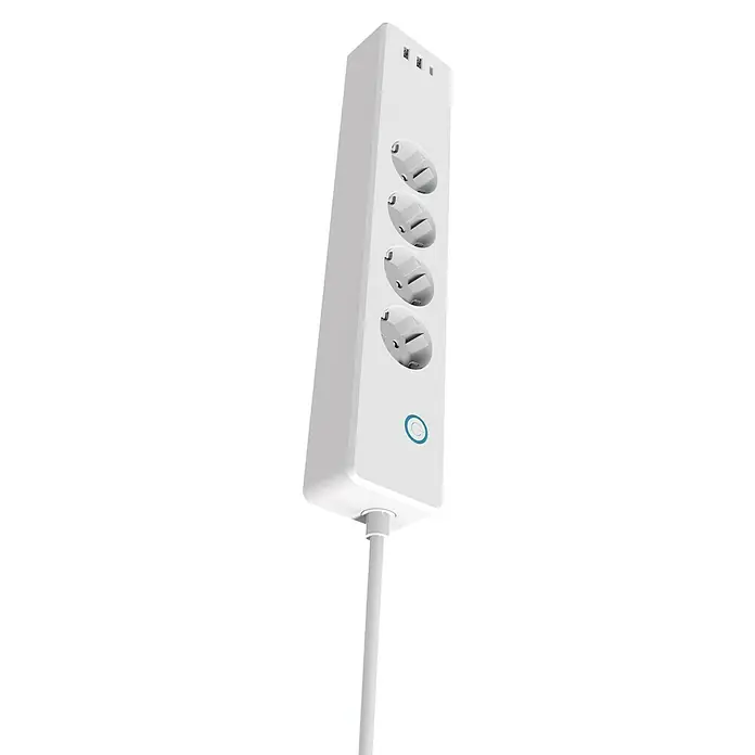 Regleta con WiFi - 18 W, Blanco - Regleta de alimentación con cuatro enchufes y un botón de anillo azul sobre fondo negro.