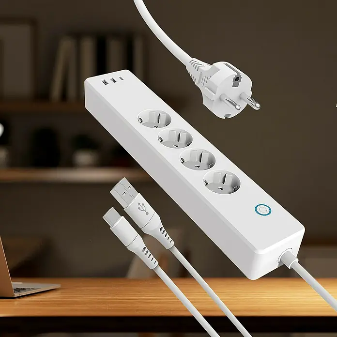 Regleta con WiFi - 18 W, Blanco - Regleta blanca con múltiples enchufes y puertos USB para una carga fácil de varios dispositivos.