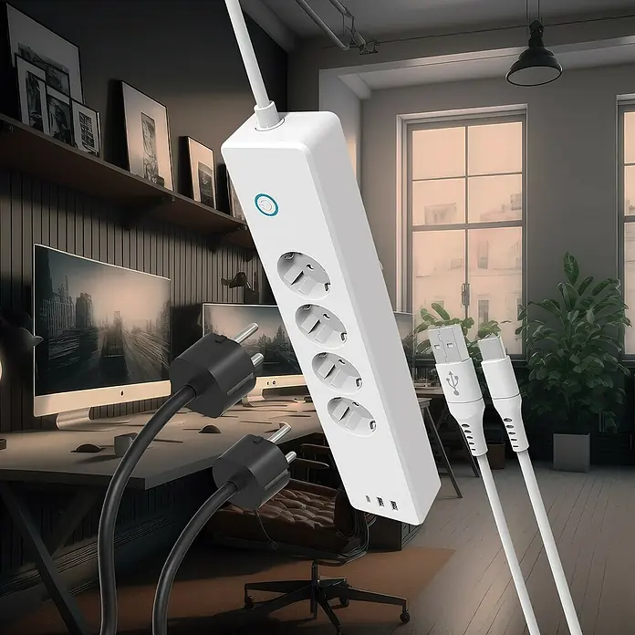 Regleta con WiFi - 18 W, Blanco - Una regleta blanca con múltiples tomas de corriente y puertos USB frente a un escritorio con ordenadores.