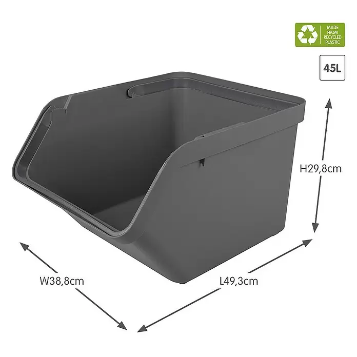 Sunware Mülltrennsystem Sigma Home - L x B x H: 49,3 x 38,8 x 29,8 cm, Kunststoff, Anthrazit - Dunkelgraue 45L stapelbare Aufbewahrungsbox aus recyceltem Kunststoff mit offener Vorderseite.