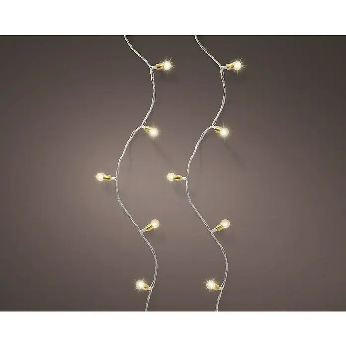 Guirnalda luminosa LED Twinkle - Para interior, 4,9 cm, Blanco cálido, 50 ud. - Dos guirnaldas de luces con bombillas blancas cálidas sobre un fondo oscuro. Las guirnaldas de luces son un bonito punto de atracción para cualquier decoración.