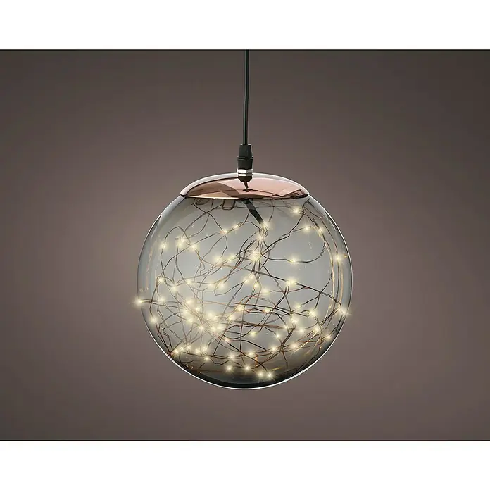 Bola de Navidad LED - Gris, Plástico, Diámetro: 30 cm - Lámpara colgante decorativa con un cerramiento esférico de vidrio lleno de luces de hadas blanco cálido, creando un ambiente acogedor.