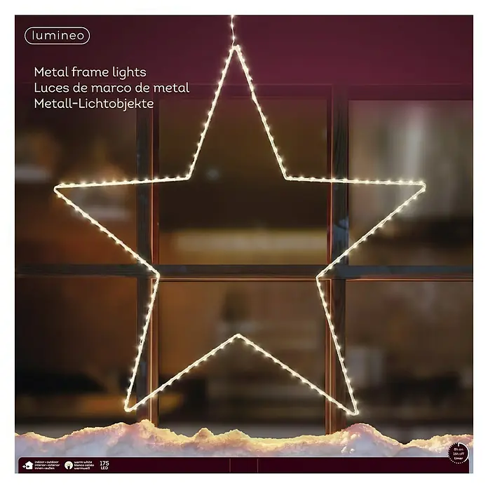 Guirnalda luminosa LED estrella - Para exterior, Diámetro: 58 cm, Color de luz: Blanco cálido, Número de bombillas: 175 ud. - Marco de luz metálico con forma de estrella: Guirnalda de luces decorativa de metal con forma de estrella para iluminación ambiental.