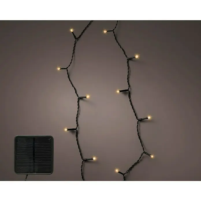 Guirnalda navideña Solar Basic 8F - Negro, 9 m, Número de bombillas: 120 ud., Blanco cálido - Guirnalda de luces solares con LEDs blancos cálidos y cable oscuro, ideal para uso exterior.