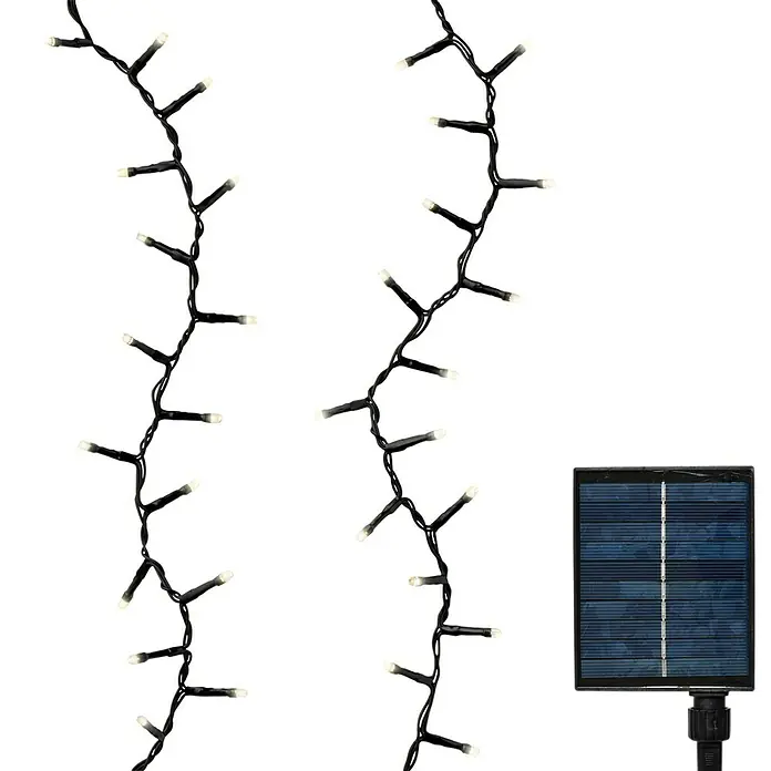 Guirnalda navideña Solar Compact 8F - 11 m, Plástico, Negro, Blanco cálido - Imagen de dos guirnaldas de luces con panel solar para exteriores, ideales para jardines, patios y balcones, solución de iluminación energéticamente eficiente.