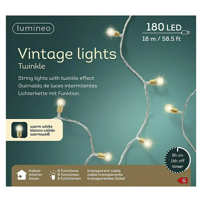 Guirnalda luminosa LED - Para interior, 17,9 cm, Blanco cálido, 180 ud. - Imagen de un paquete de luces de cadena de 180 LED, de 18 metros de largo, con luz blanca cálida y cable transparente.