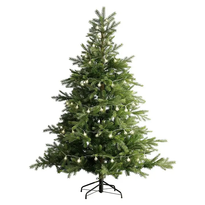 Guirnalda luminosa LED Cherry XL - Para interior, 9 cm, Blanco cálido, 60 ud. - Árbol de Navidad festivo adornado con luces cálidas, creando un ambiente acogedor. Perfecto para la temporada navideña.