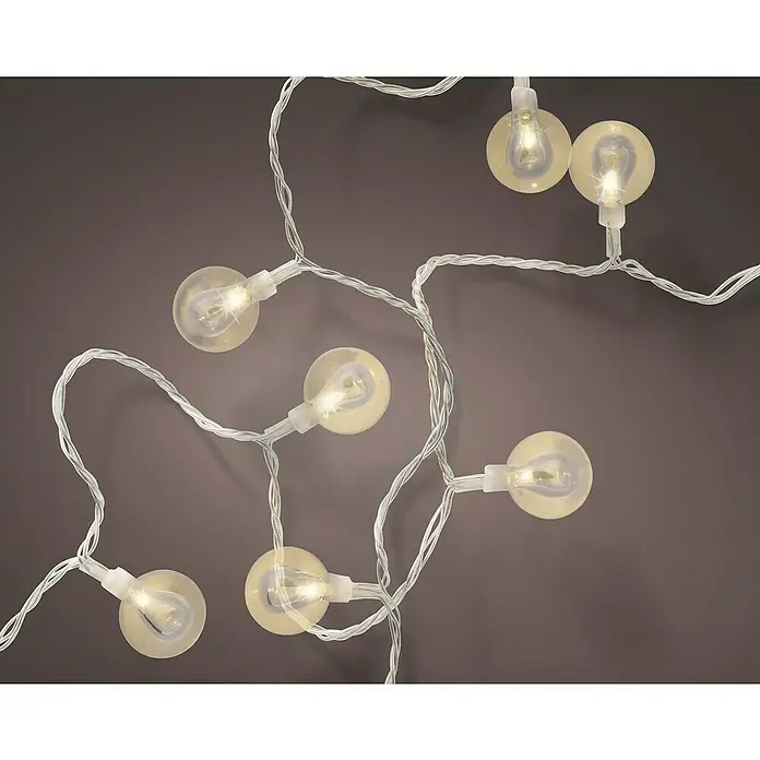 Guirnalda luminosa LED Cherry XL - Para interior, 9 cm, Blanco cálido, 60 ud. - Guirnalda de luces con bombillas redondas que emiten un brillo cálido sobre un fondo gris.
