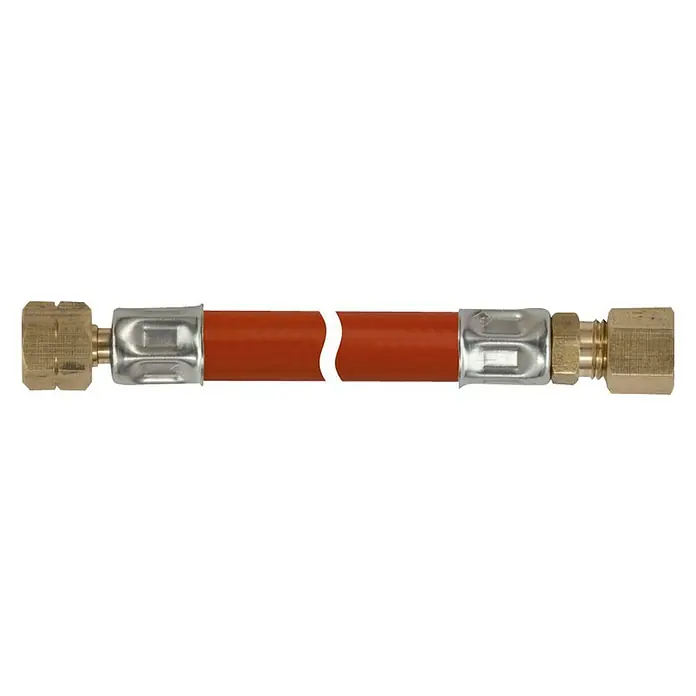 Talamex Gasschlauch - G ¼″ Linksgewinde/8 mm Schneidringverschraubung, Länge: 40 cm - Ein roter flexibler Verbindungsschlauch mit goldenen Anschlussstücken an beiden Enden. Das Produkt ist für den Einsatz in Klimaanlagen konzipiert.
