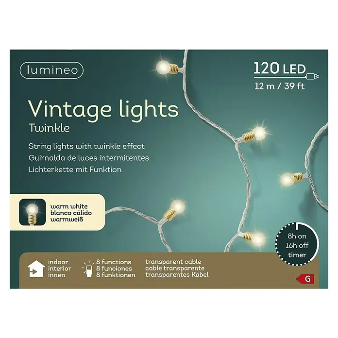 Guirnalda luminosa LED - Para interior, 11,9 cm, Blanco cálido, 50 ud. - Embalaje del producto con 120 luces LED vintage con temporizador, luz blanca cálida y cable transparente para uso en interiores.